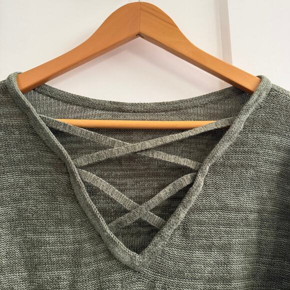Crisscross V Neck Knit Sweater Olive Green M Chic Layering Cozy Lightweight - Picture 2 of 6